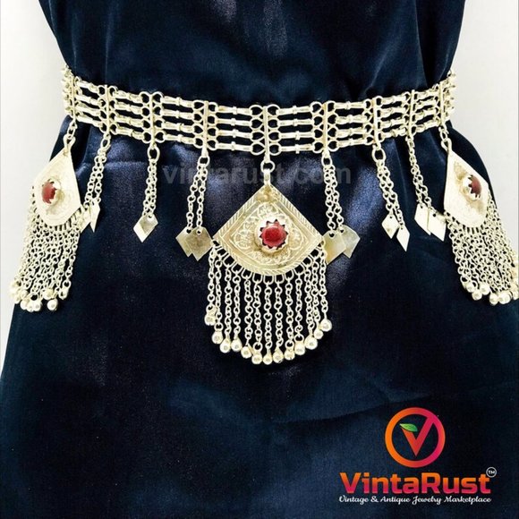 Tribal Belly Chain: Afghan Kuchi Belt with Glass Stone Pendants